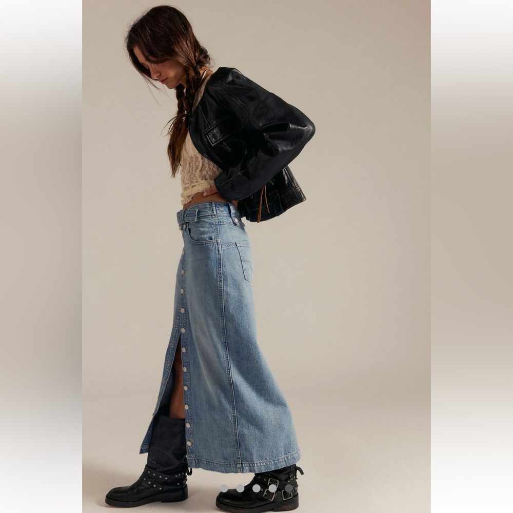 Free People Astoria Denim Maxi Skirt We The Free Belt Adjustable Dark Blue - Picture 7 of 9